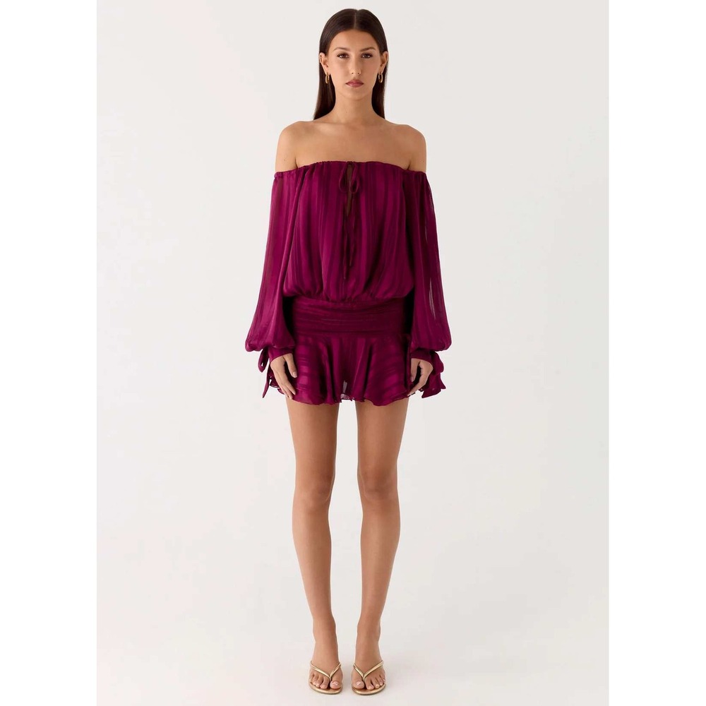 Peppermayo Womens Eira Balloon Sleeve Off Shoulder Plum Mini Dress Size 10